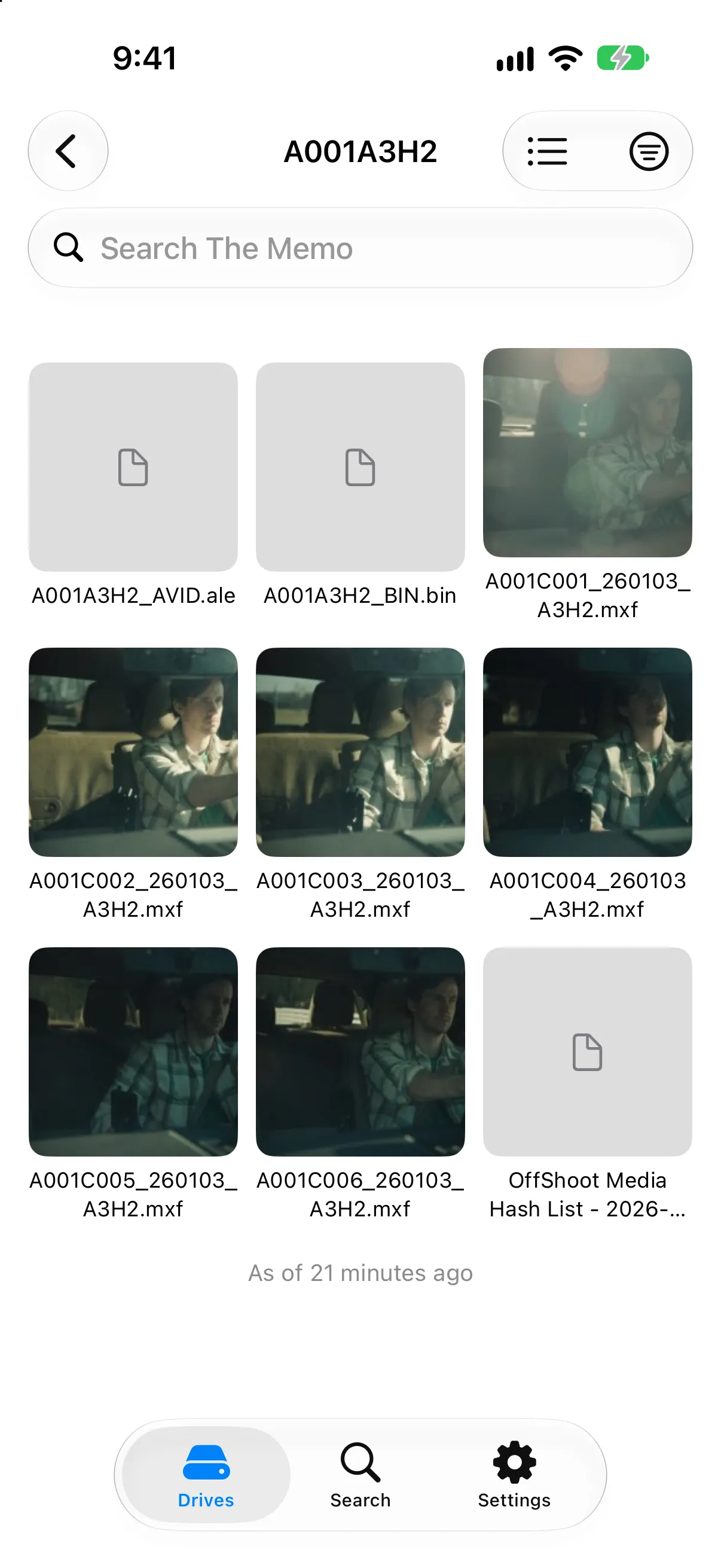 DriveIndex Companion on iPhone showing a camera roll folder as thumbnails